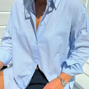 Rue de Tokyo Shelby Soft Cotton Skjorte Lyseblå Hvite Striper