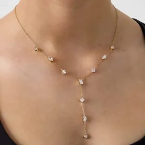 CRYSTAL CASCADE – Y-halskjede med rhinestones, 14K ekte gullbelegg