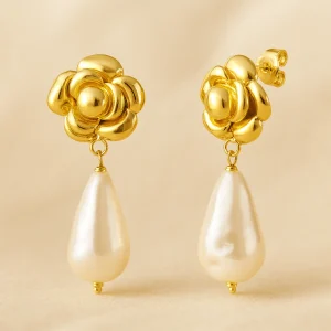 LA ROSÉ DROP EARRINGS – 14K gullbelagte, vanntette øreringer med rose & perle